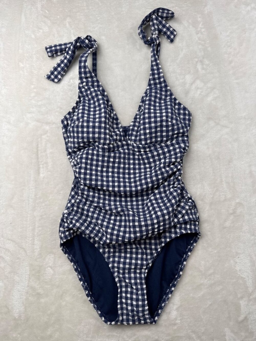 Ellen Tracy Womens Navy Gingham One-Piece Swimsuit XS With Tie Straps